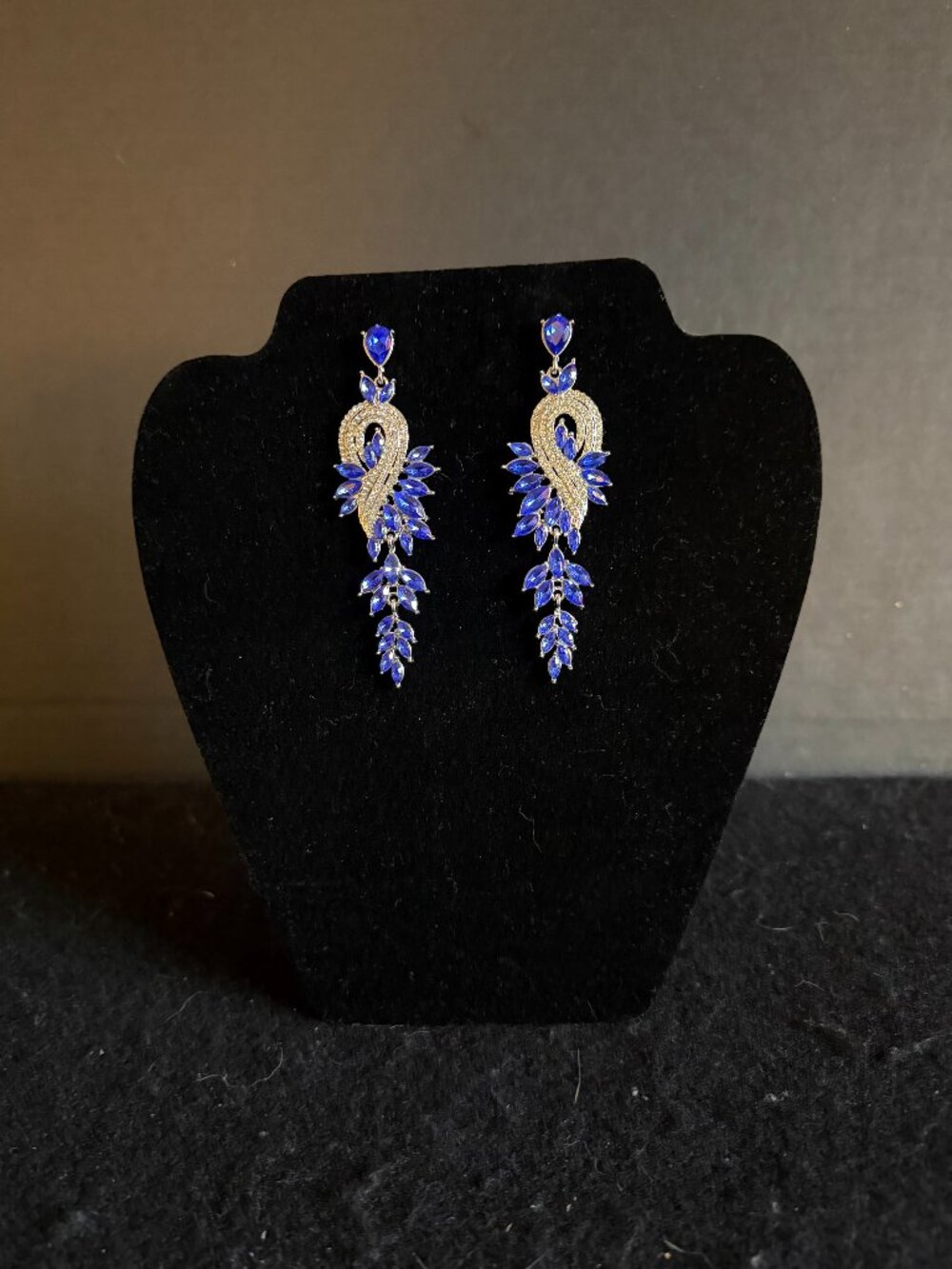 Silver-Toned Cascading Pierced Earrings w/Clear & Blue Rhinestones
